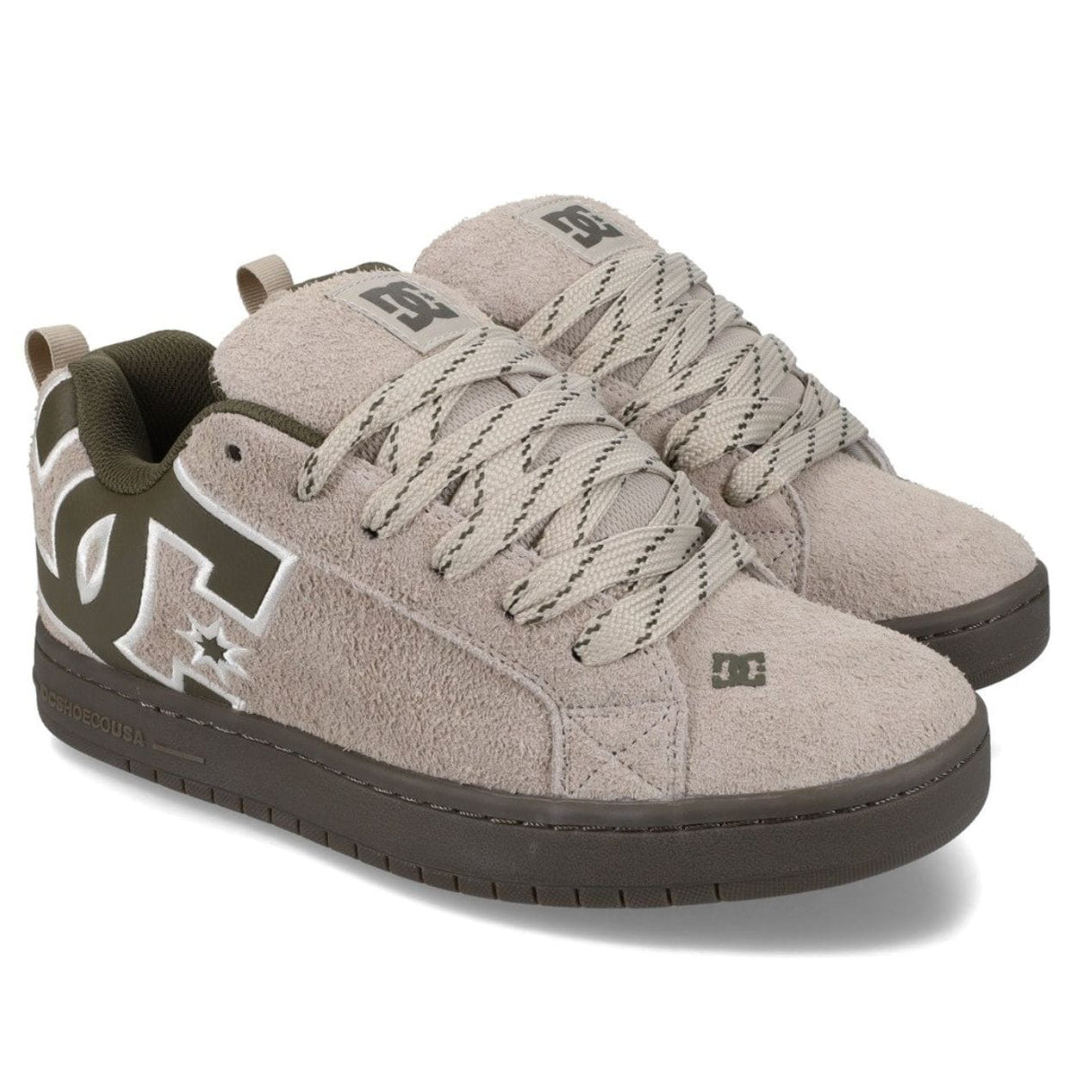 DC Shoes Court Graffik skate shoes in taupe and olive with classic design and durable construction for skateboarding and casual wear.