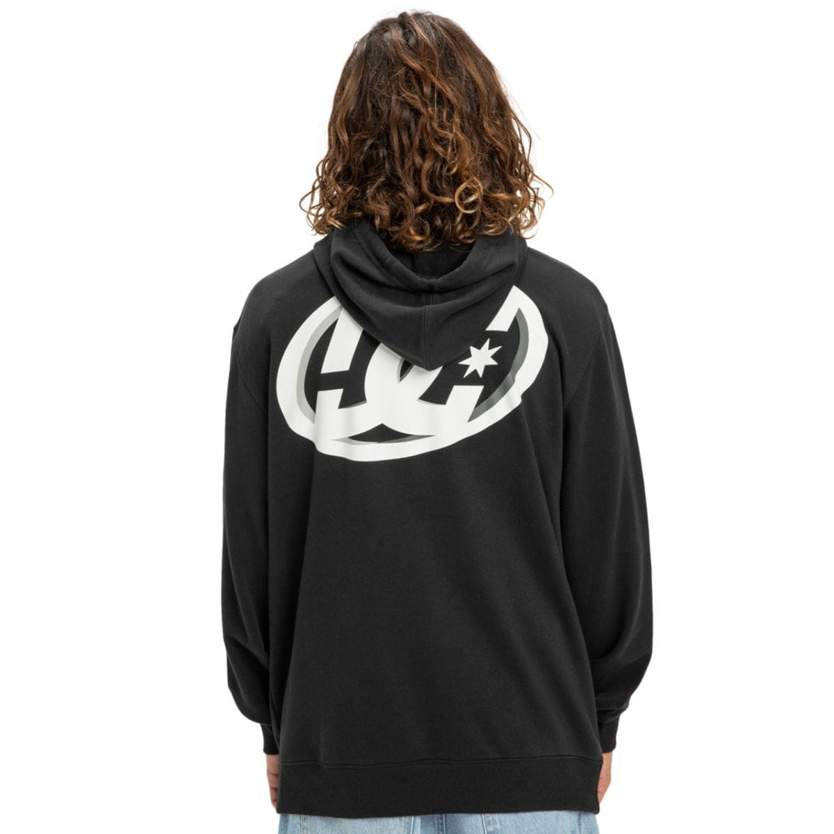 Black DC Shoes Fast Bubble Hoodie with bold logo and relaxed fit, displayed flat on a white background.