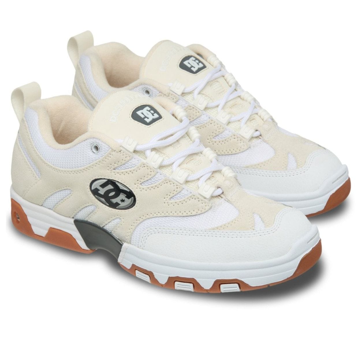 Beige DC Hybrid OG skate shoes with durable design and skateboarding sole, featuring classic DC Shoes branding and comfortable fit.