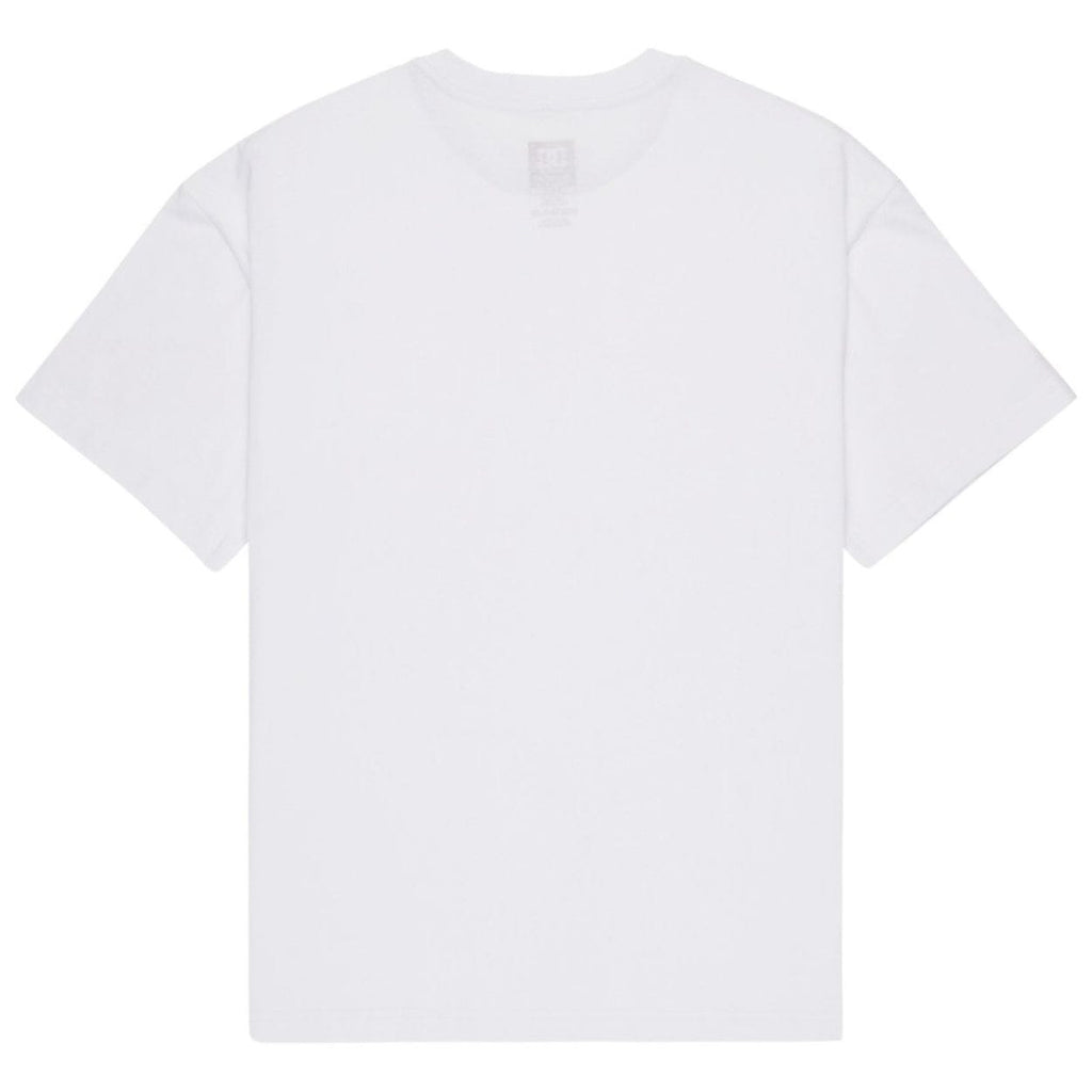 White DC Shoes Queltra Lhss T-Shirt with logo print, crew neck, and short sleeves, displayed flat on a white background.