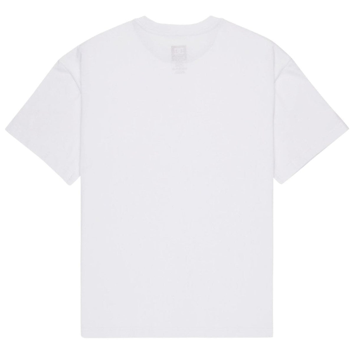 White DC Shoes Queltra Lhss T-Shirt with logo print, crew neck, and short sleeves, displayed flat on a white background.