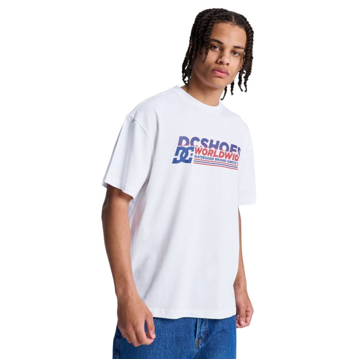 White DC Shoes Queltra Lhss T-Shirt featuring a classic crew neck and graphic logo print on the front.