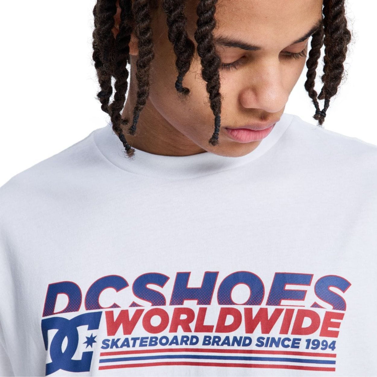 White DC Shoes Queltra Lhss T-Shirt with logo print, casual short sleeve tee for everyday wear.