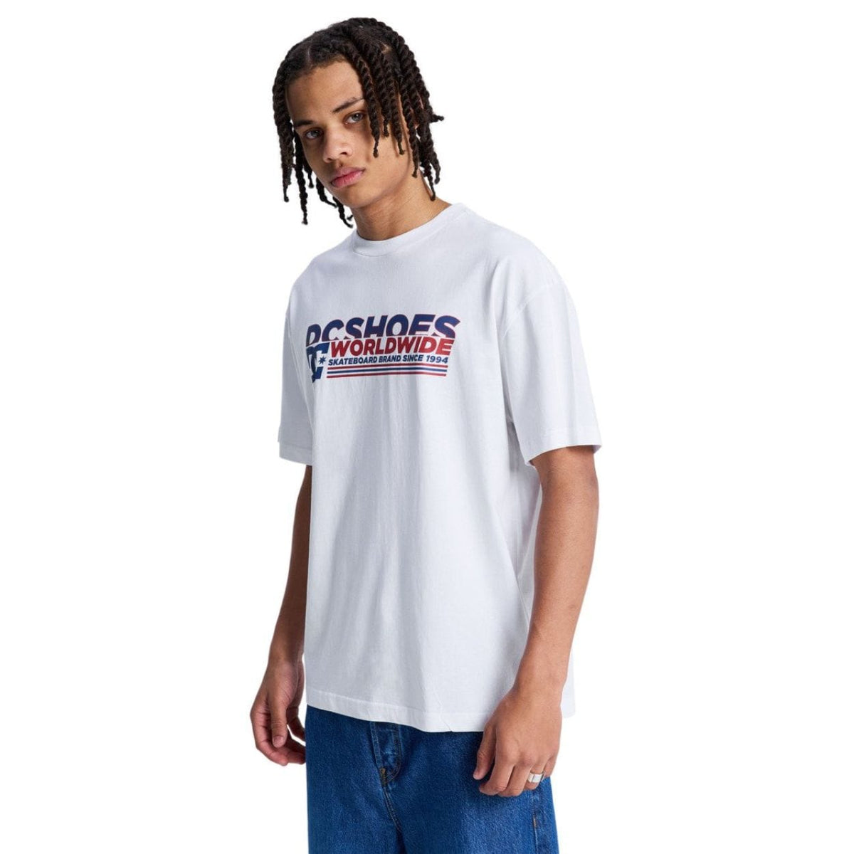 White DC Shoes Queltra Lhss T-Shirt featuring a classic logo design, casual fit, and soft cotton fabric.
