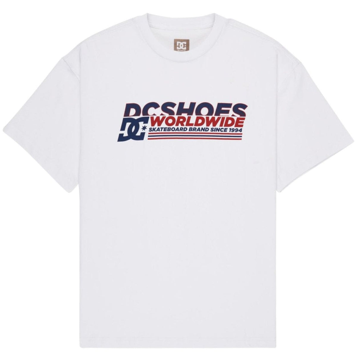 White DC Shoes Queltra Lhss T-Shirt with graphic print, casual fit, and short sleeves, ideal for everyday wear.