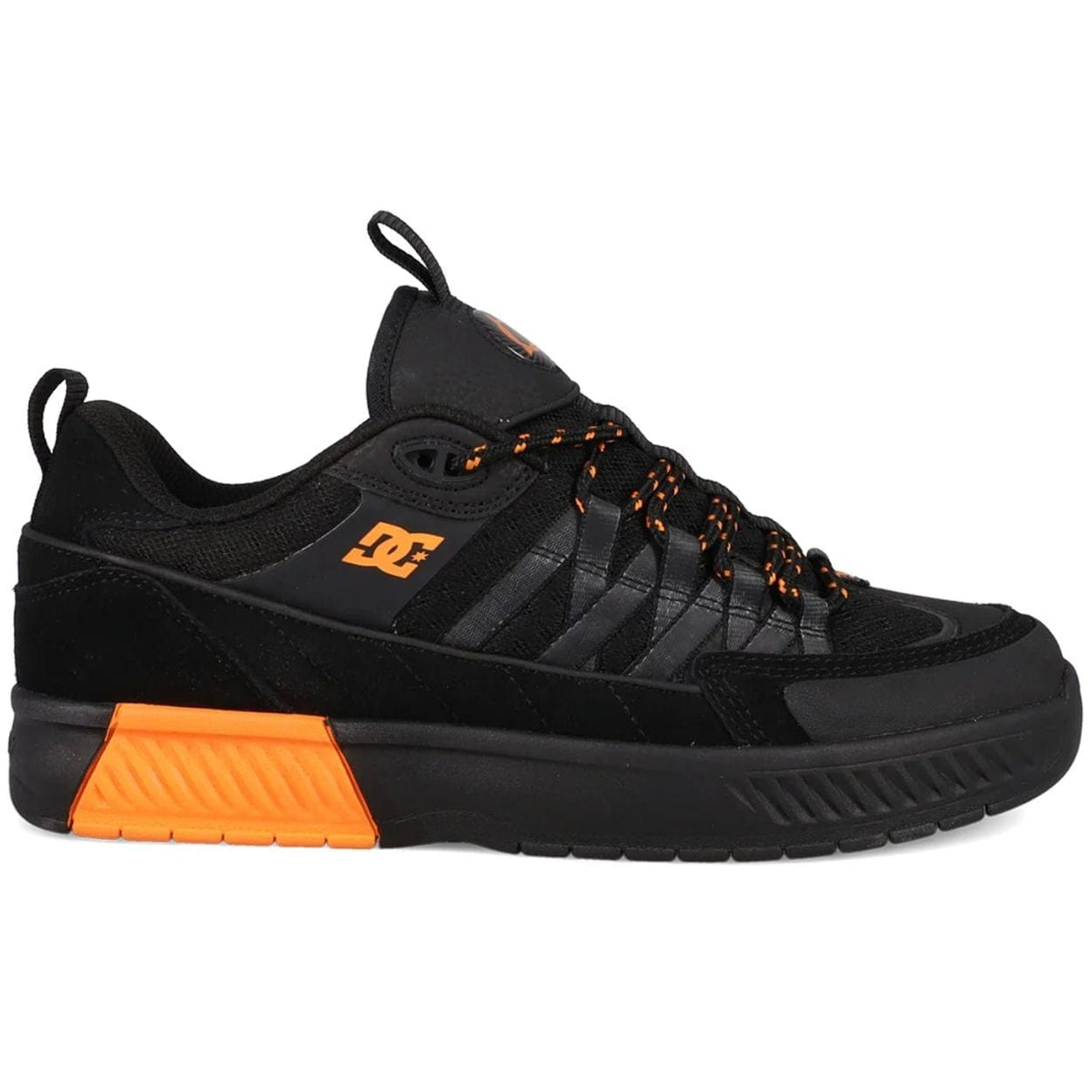 DC Shoes Lucien skate shoes in black and orange with durable design and skate-ready features.