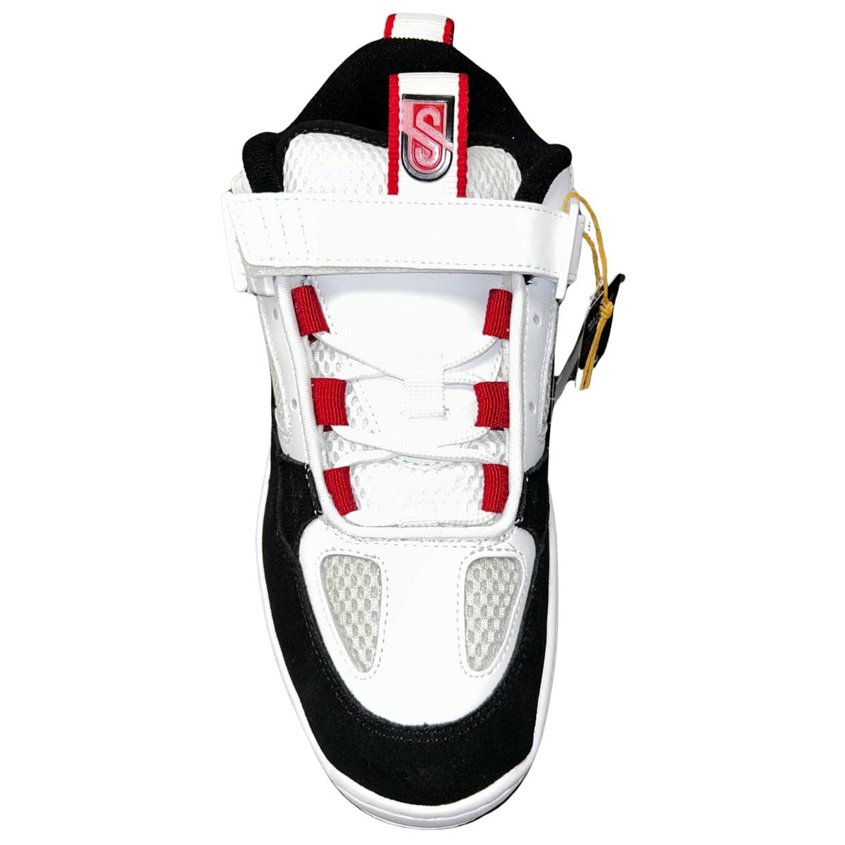 DC Shoes JS 1 skate shoes in white, black, and red with classic design and skateboarding style.