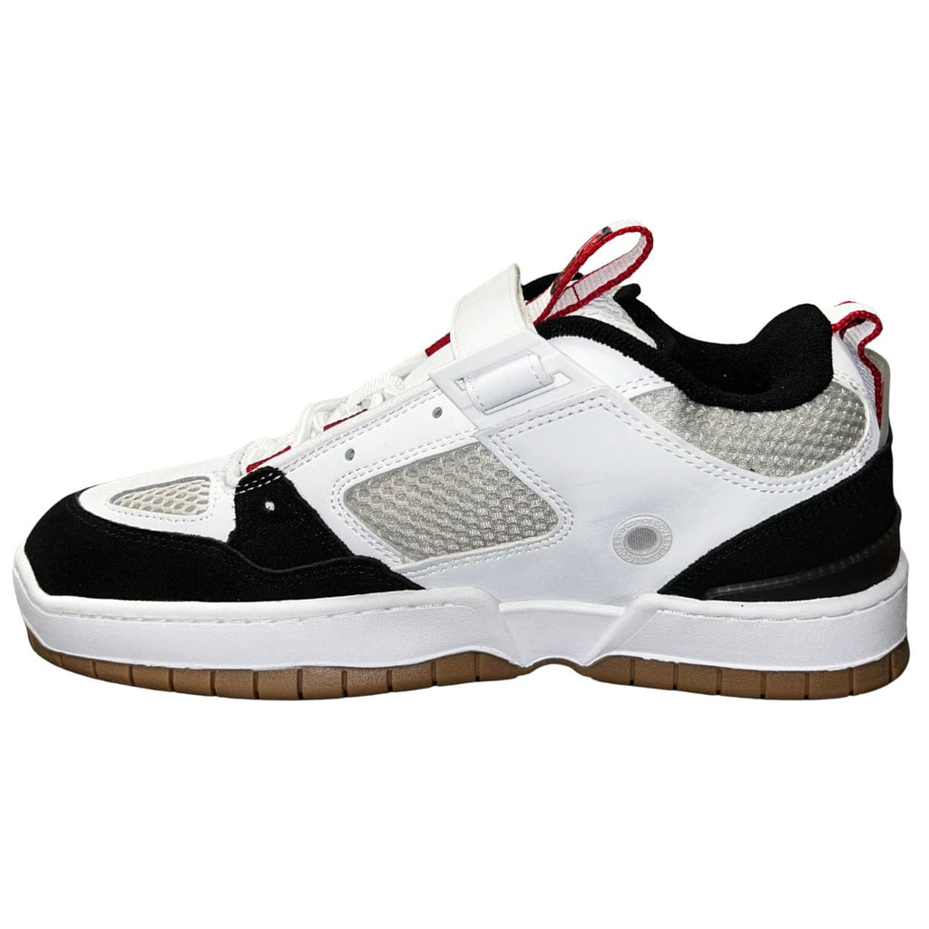 DC Shoes JS 1 skate shoes in white, black, and red with a sleek design and skate-inspired style.