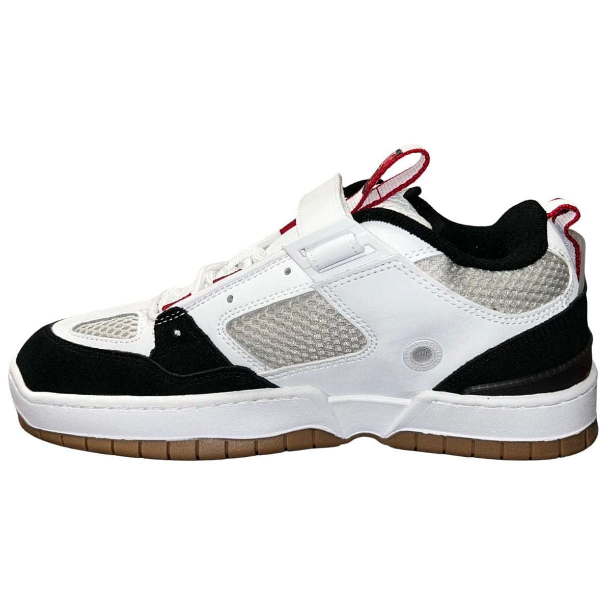 DC Shoes JS 1 skate shoes in white, black, and red with a sleek design and skate-inspired style.