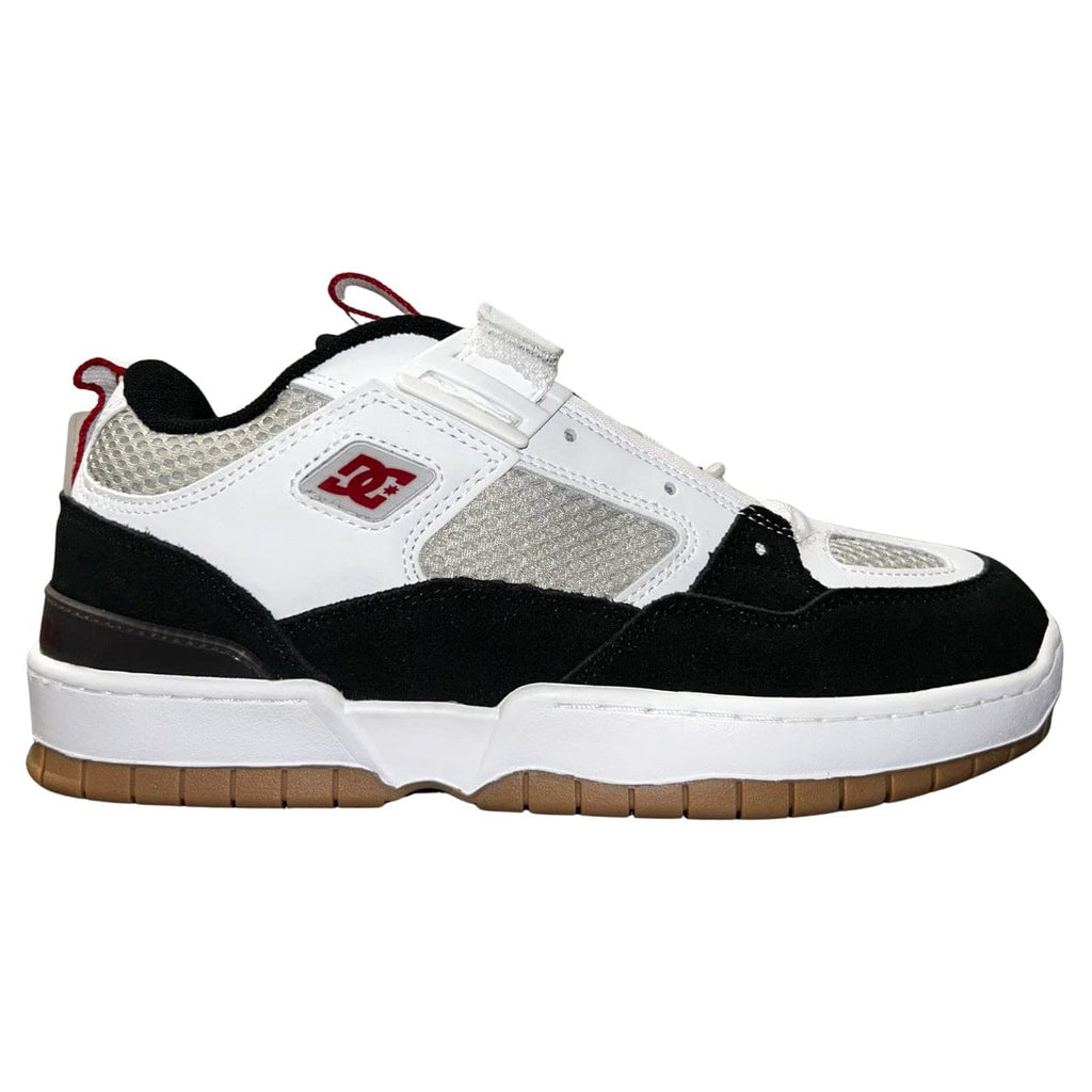 DC Shoes JS 1 skate shoes in white, black, and red with sleek design and skate-ready style.