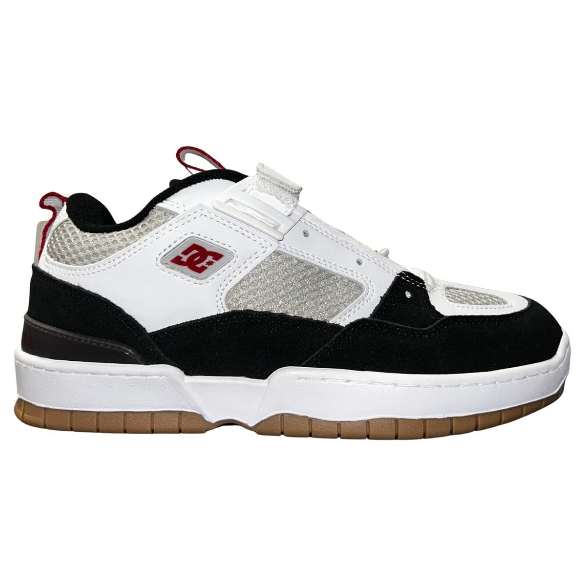 DC Shoes JS 1 skate shoes in white, black, and red with sleek design and skate-ready style.