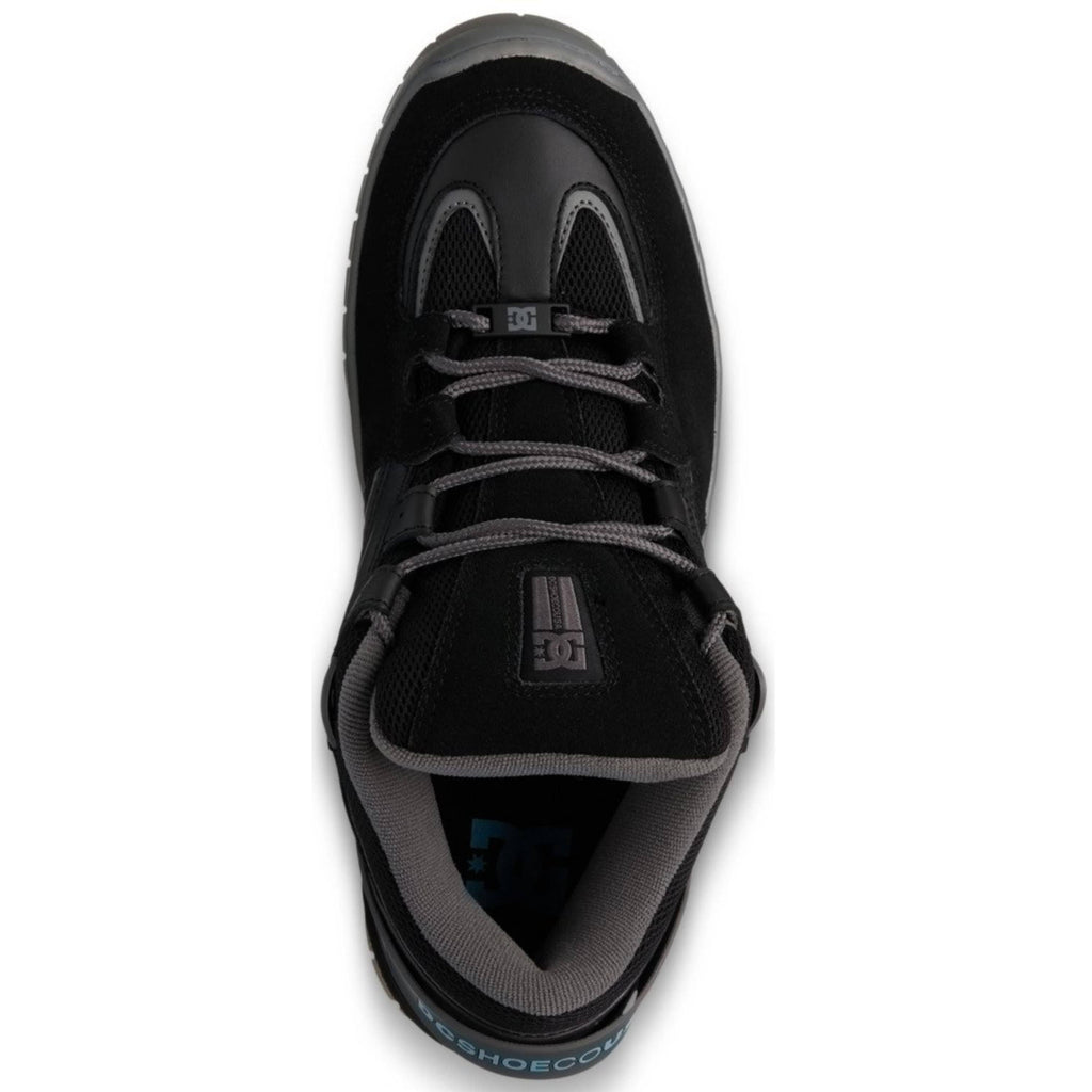 DC Shoes Spectre skate shoes in black, grey, and blue with a low profile and durable design for skateboarding.