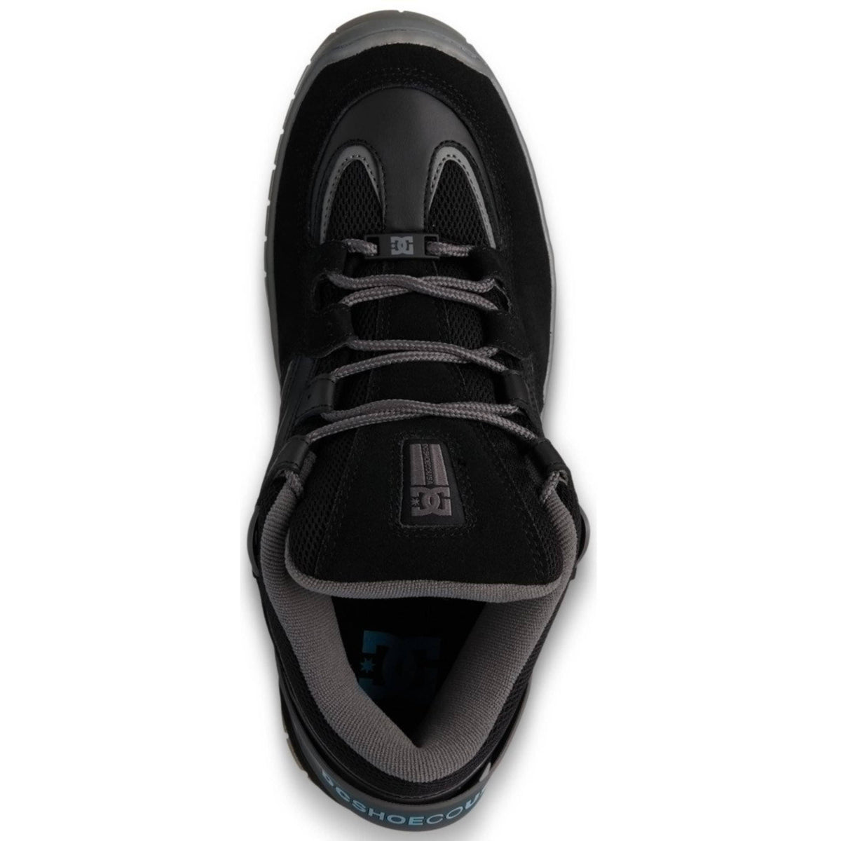 DC Shoes Spectre skate shoes in black, grey, and blue with a low profile and durable design for skateboarding.