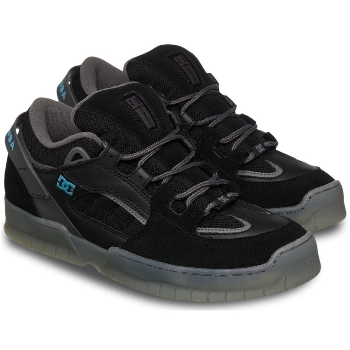 DC Shoes Spectre skate shoes in black, grey, and blue featuring a durable design and classic skateboarding style.