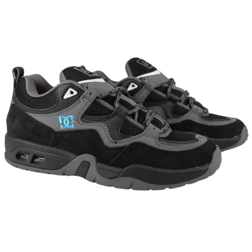 DC Shoes Truth skate shoes in black, grey, and blue with durable design and classic skate style.