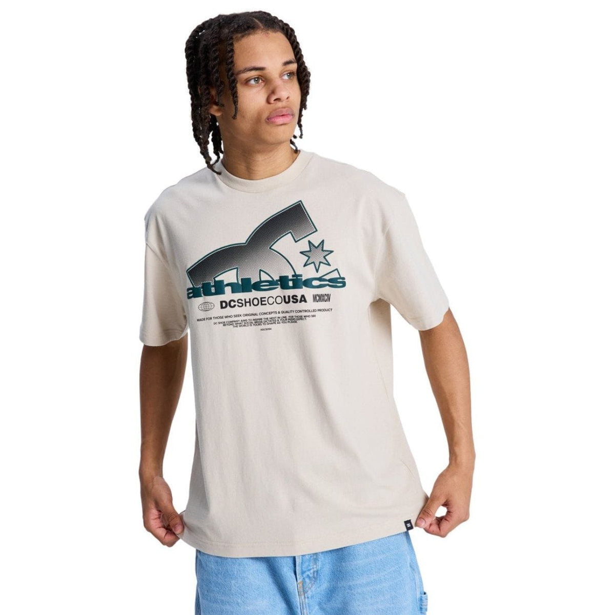 Beige DC Slathletic T-Shirt by DC Shoes, casual men's tee with logo detail, made from comfortable fabric.