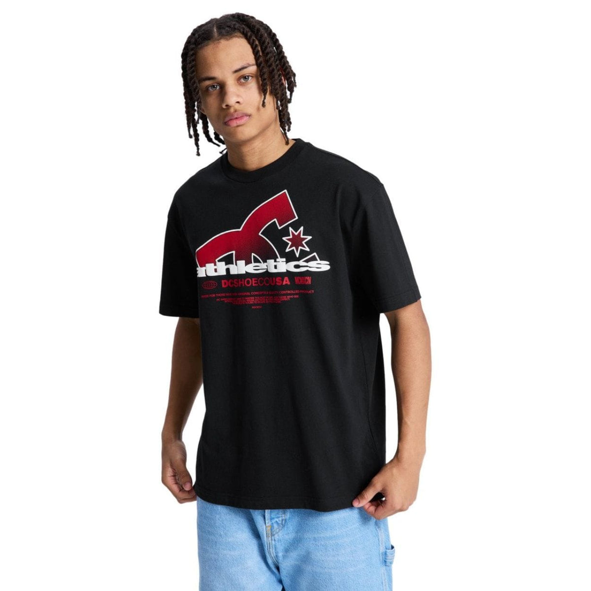 Black DC Slathletic T-shirt from DC Shoes featuring a classic crewneck and athletic fit, displayed on a plain background.