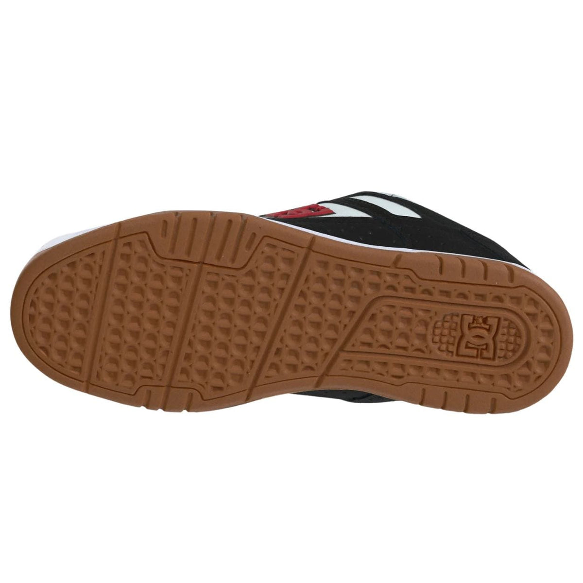 DC Stag skate shoes in black, white, and red with skate-inspired design, featuring durable construction and classic styling.