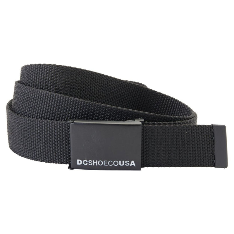 Black DC Web Belt from DC Shoes featuring durable webbing and metal buckle, ideal for casual or skate style wear.