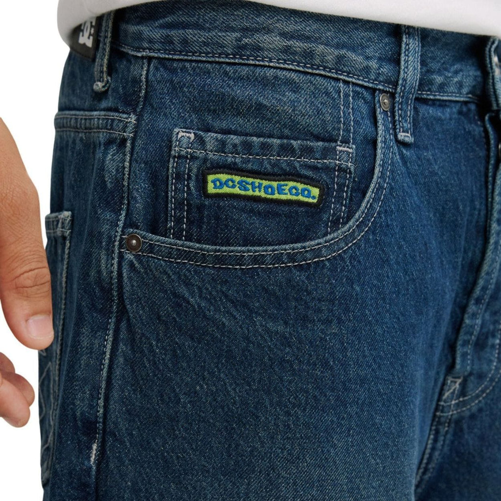 Blue DC Shoes Worker Baggy Double That Denim Jeans showing relaxed fit and double-stitched design.
