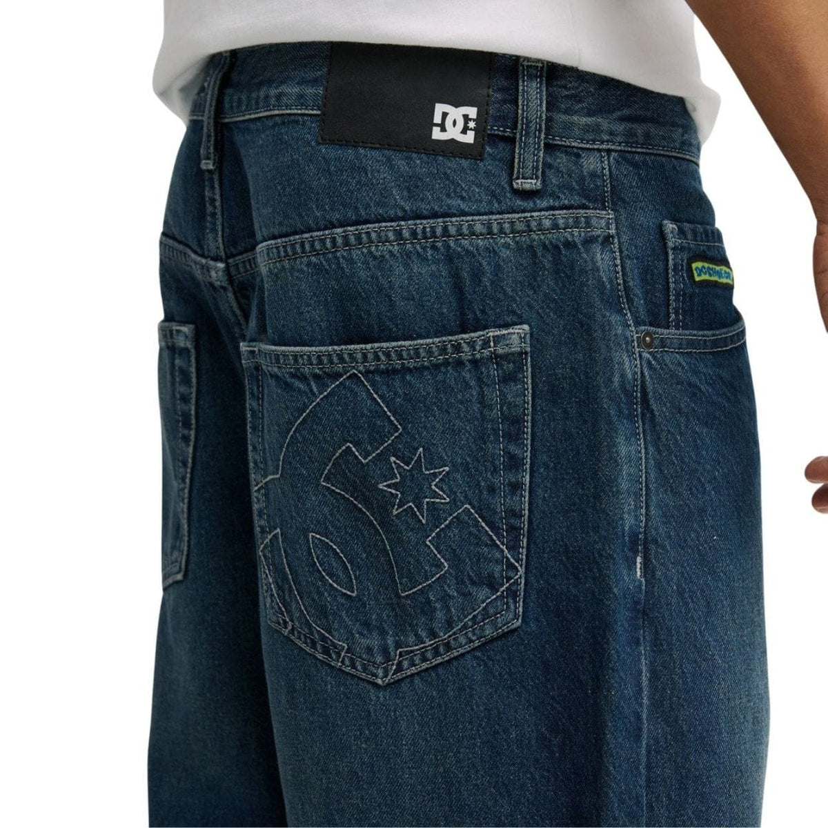 Blue DC Shoes Worker Baggy Double That Denim Jeans with relaxed fit and double-stitched details, displayed on a neutral background.