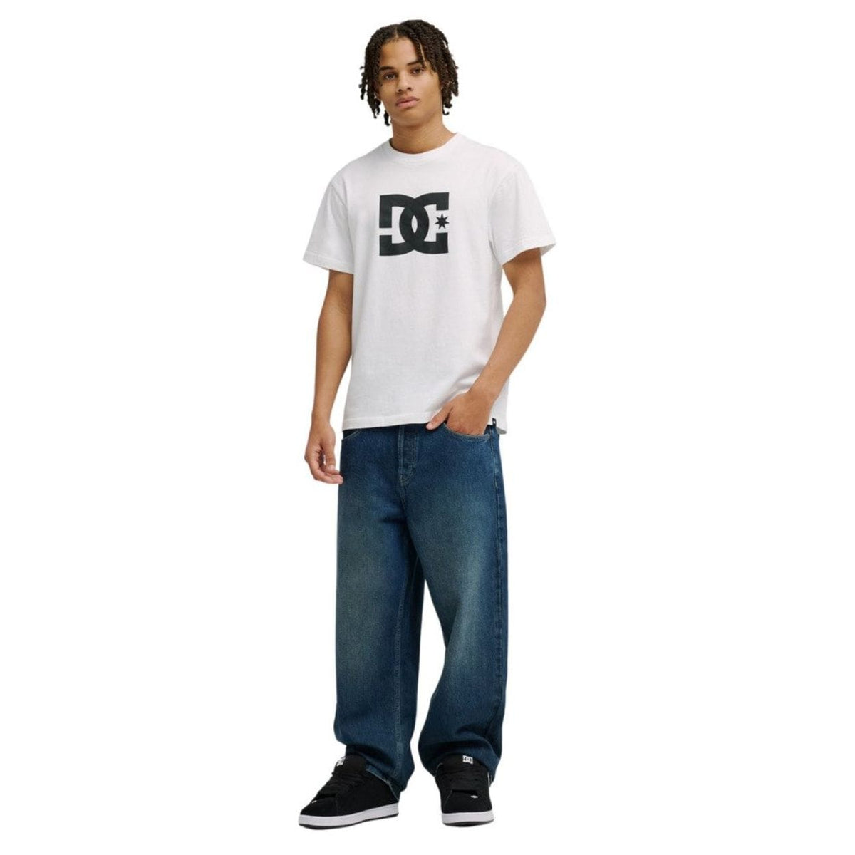 Blue DC Shoes Worker Baggy Double That Denim Jeans showing relaxed fit and double-stitched design on denim fabric.