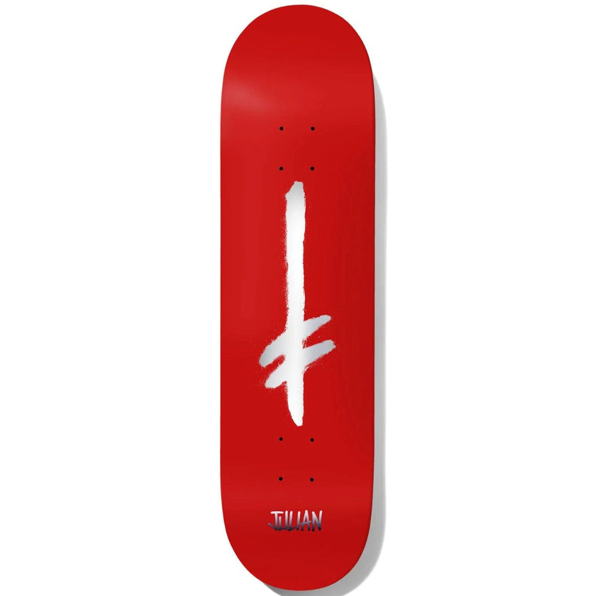 Deathwish Julian Credo skateboard deck in red and silver foil, 8.125-inch size, featuring bold graphic design for skateboarding.