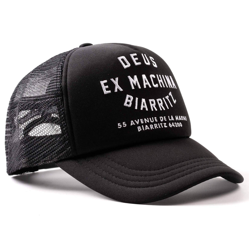 Black Deus Ex Machina Biarritz Trucker Cap hat with adjustable strap and embroidered logo, casual and stylish headwear.