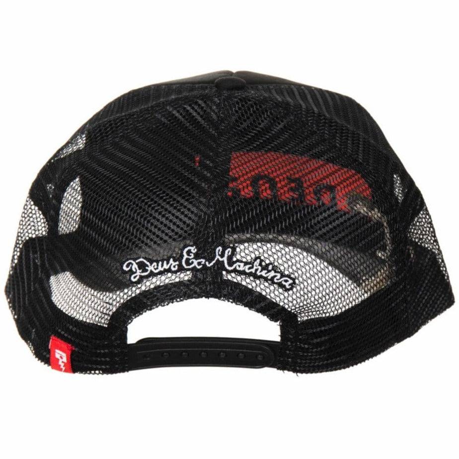 Black Deus Ex Machina Biarritz Trucker Cap hat with adjustable strap and mesh back for a casual, stylish look.