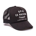 Black Deus Ex Machina Canggu Address trucker cap with mesh back and iconic logo embroidery, casual and stylish headwear.