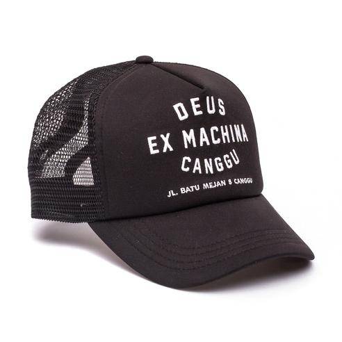 Black Deus Ex Machina Canggu Address trucker cap with mesh back and iconic logo embroidery, casual and stylish headwear.