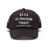 Black Deus Ex Machina Canggu Address Trucker Cap with adjustable snapback and embroidered logo, casual headwear for outdoor style.