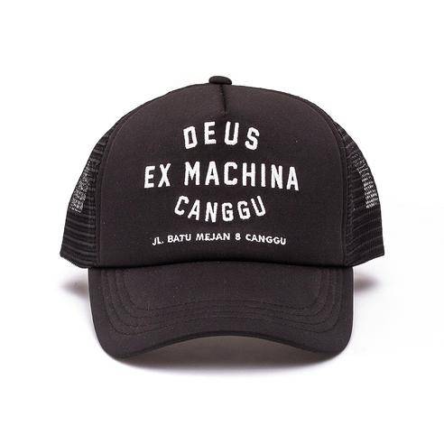 Black Deus Ex Machina Canggu Address trucker cap with mesh back and embroidered front logo, casual and stylish headwear.