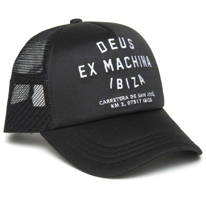 Black Deus Ex Machina Ibiza Trucker Cap hat with mesh back and curved brim, stylish casual headwear for men.