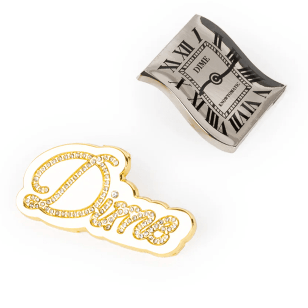Set of Dime MTL badges featuring gold and silver pins with bold, stylish designs, perfect for accessories or collection.