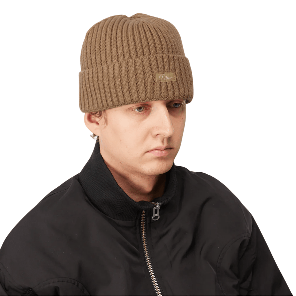 Dime MTL Cursive Fold Beanie in Coffee, soft knit fabric, featuring embroidered Dime MTL logo and a folded cuff style.
