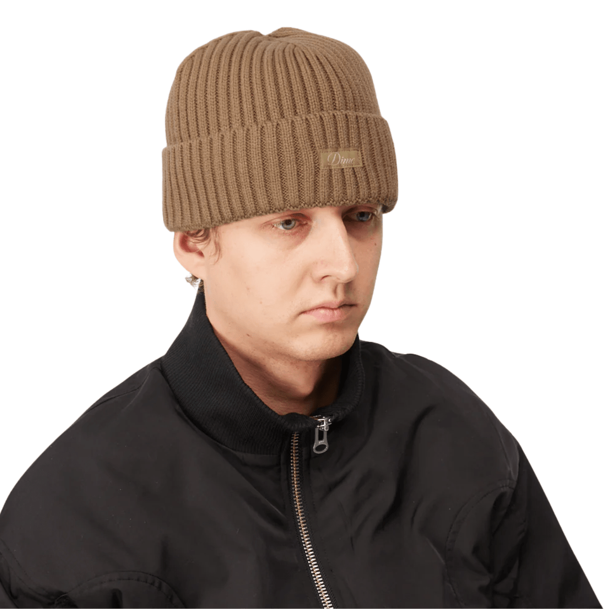 Dime MTL Cursive Fold Beanie in Coffee, soft knit fabric, featuring embroidered Dime MTL logo and a folded cuff style.