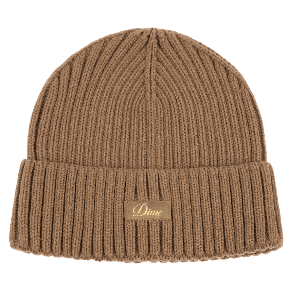 Dime MTL Cursive Fold Beanie in coffee color, showcasing its soft knit fabric and stylish folded design.
