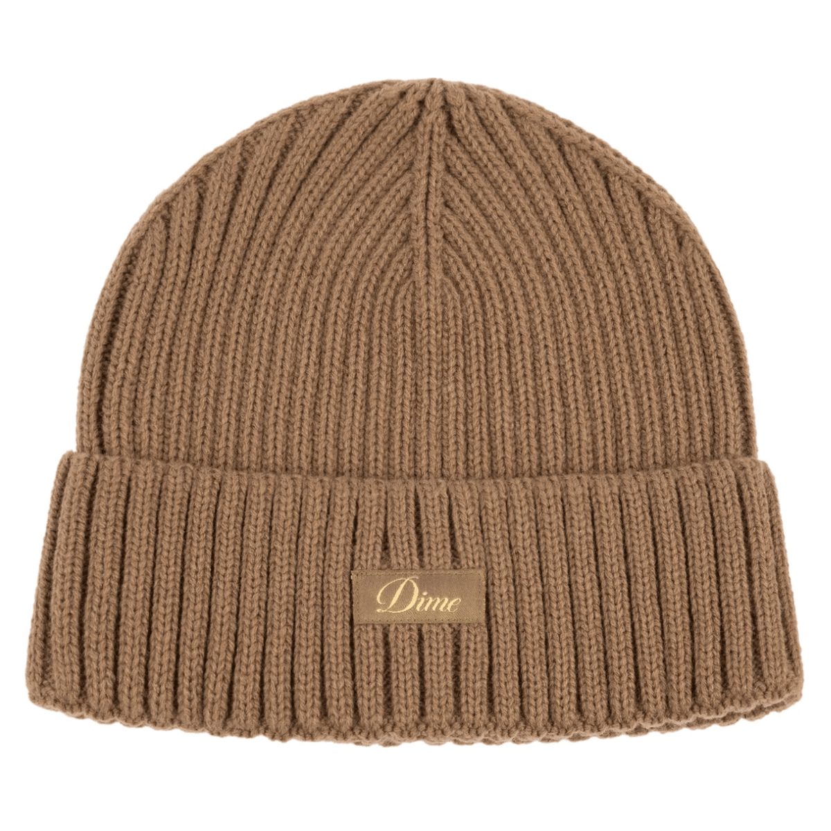 Dime MTL Cursive Fold Beanie in coffee color, showcasing its soft knit fabric and stylish folded design.