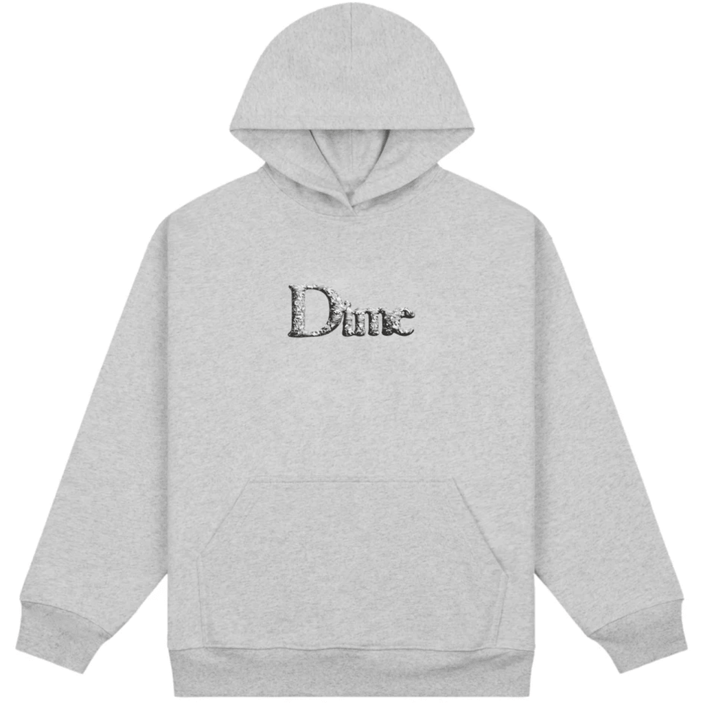 Dime MTL Classic Decoy Hoodie in Heather Grey, showing the hoodie's front with Dime MTL logo and decoy pattern on soft fabric