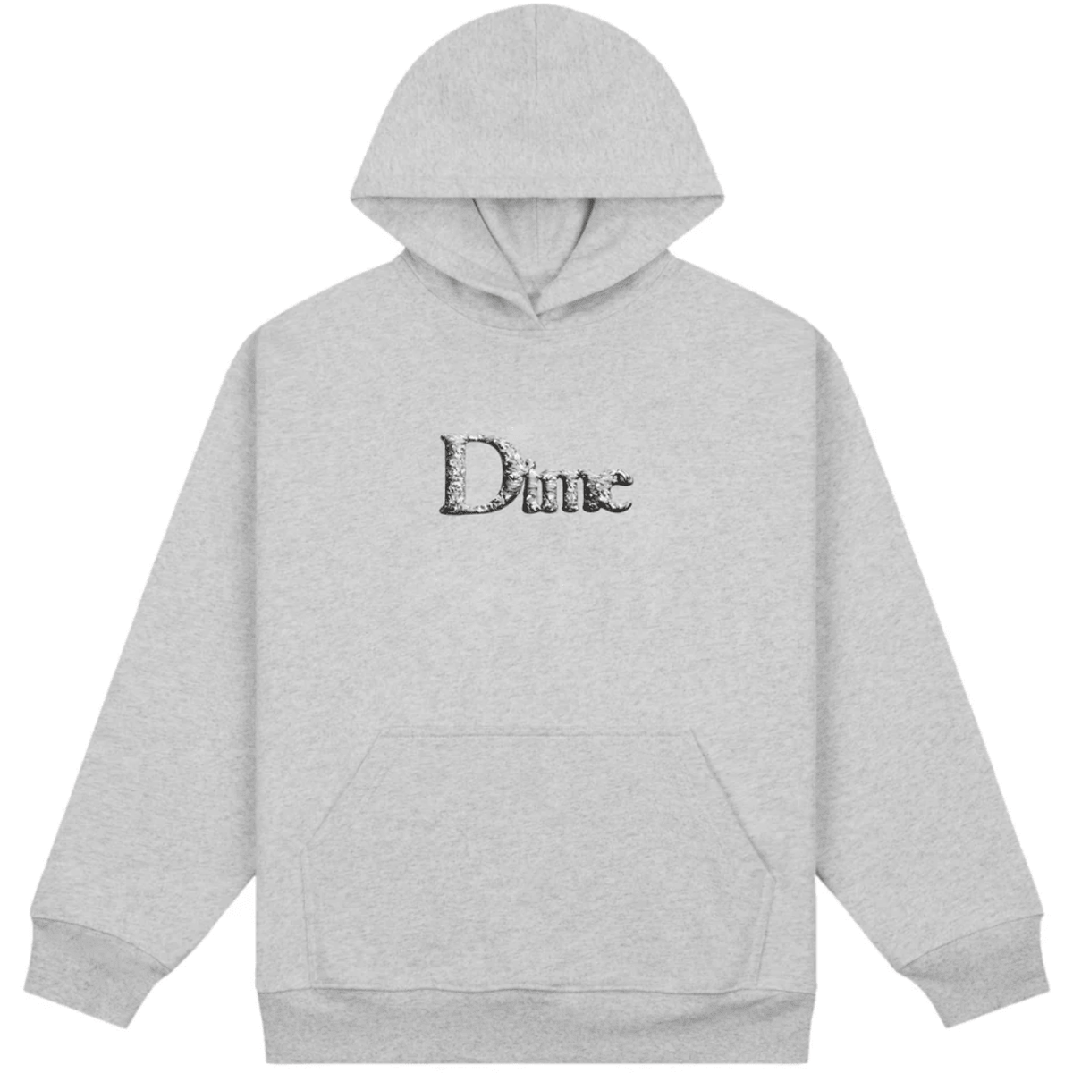 Dime MTL Classic Decoy Hoodie in Heather Grey, showing the hoodie's front with Dime MTL logo and decoy pattern on soft fabric