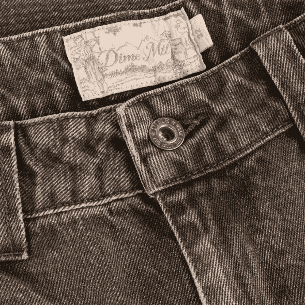 Dime MTL Baggy Denim Pants in Sandblasted Brown, relaxed fit jeans with distressed detailing and a classic five-pocket design.