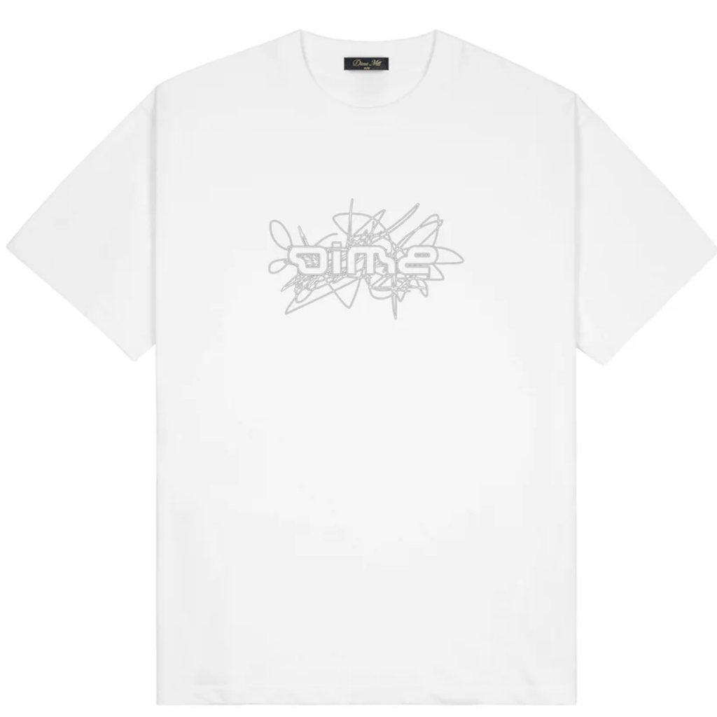 White Dime MTL Glyph T-Shirt featuring a graphic design, made from soft cotton, casual fit, ideal for everyday wear.