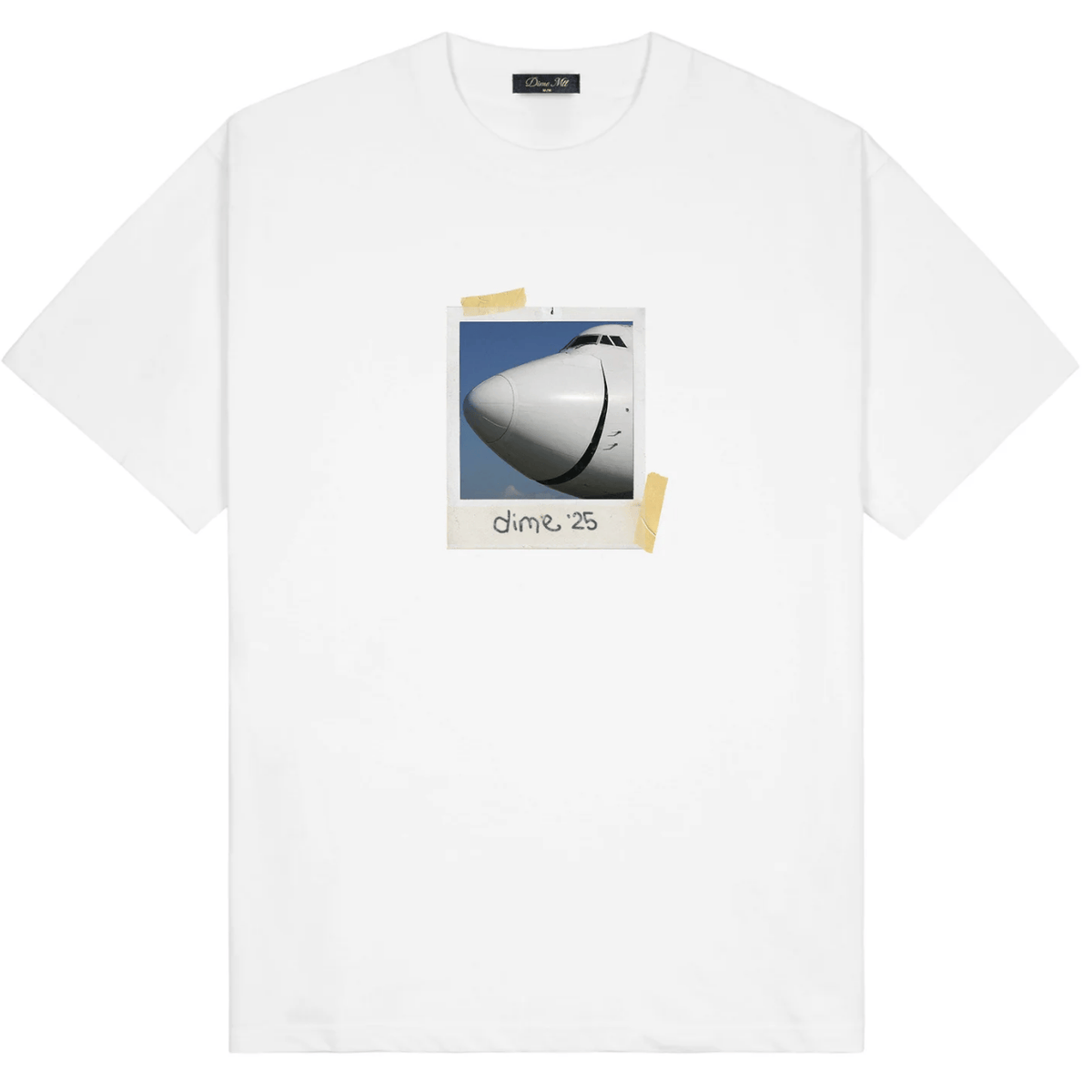 White Dime MTL Plane T-Shirt featuring a graphic print, casual crew neck design, and comfortable fabric.