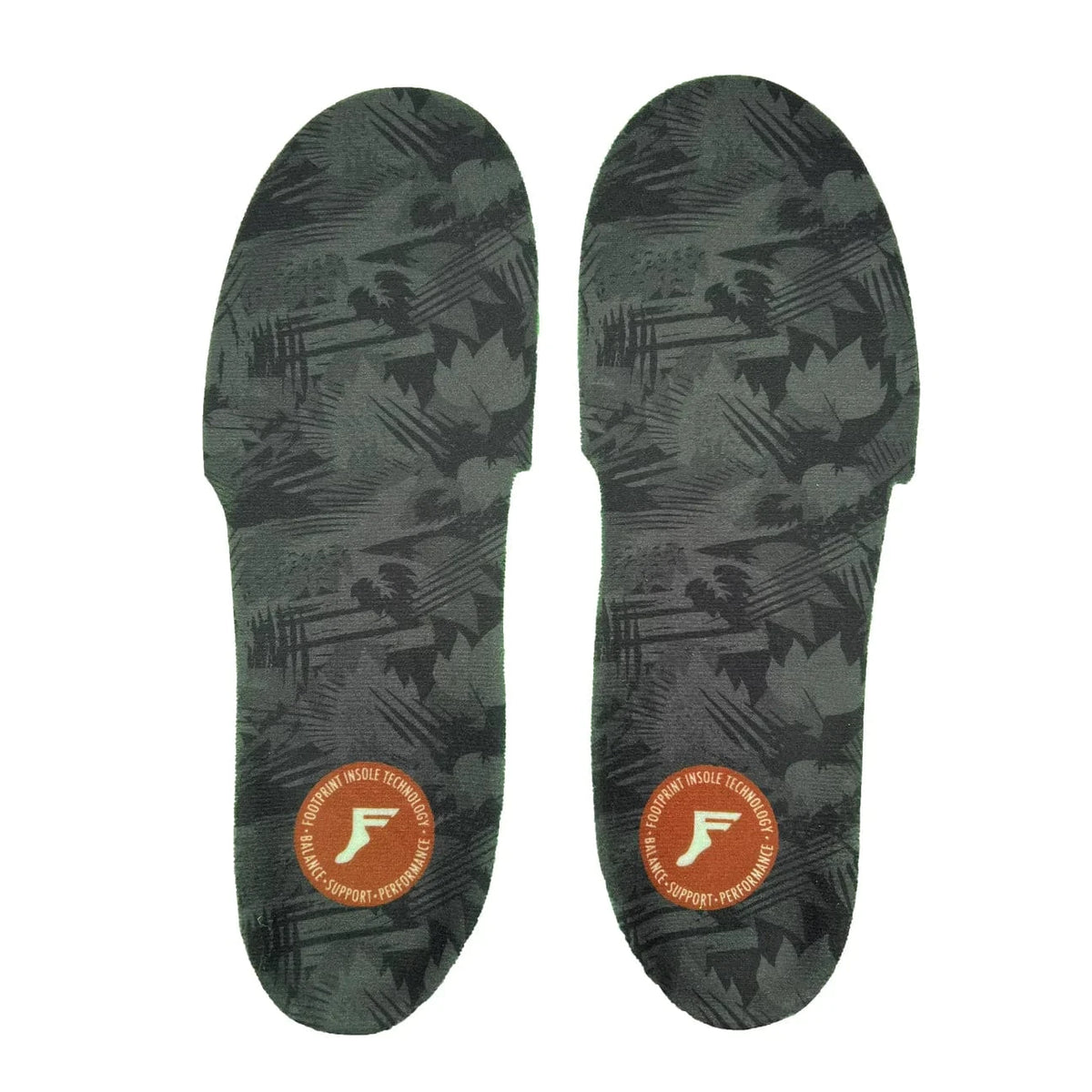 Footprint Gamechanger Elite insoles in dark grey camouflage pattern, providing comfort and support for athletic or everyday footwear.