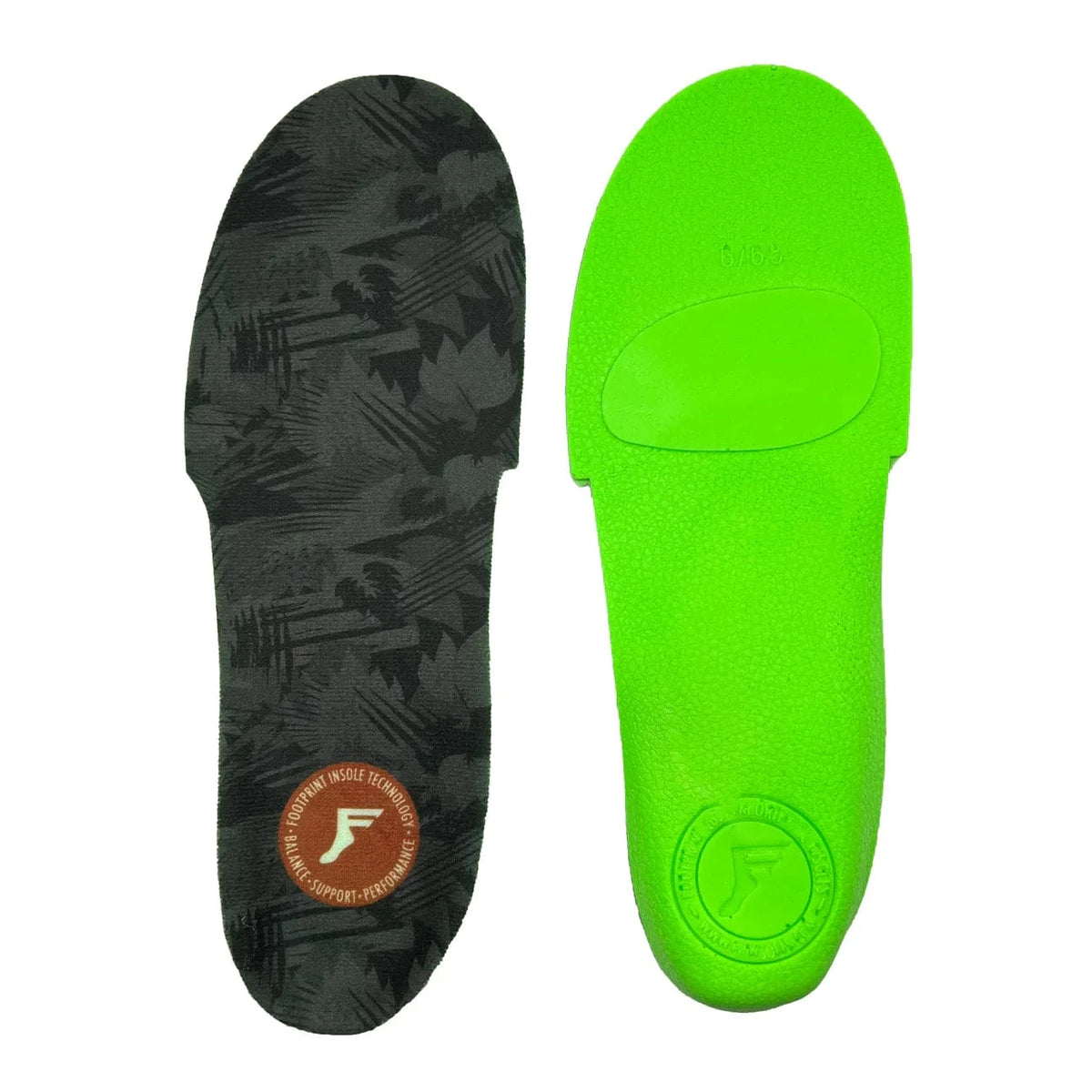 Footprint Gamechanger Elite insoles in dark grey camo pattern, providing arch support and comfort for athletic footwear.