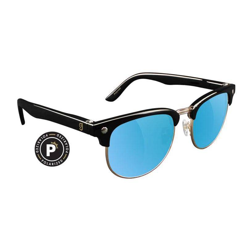 Glassy Morrison polarized sunglasses with black frame and blue lenses, stylish and protective eyewear for sunny days.