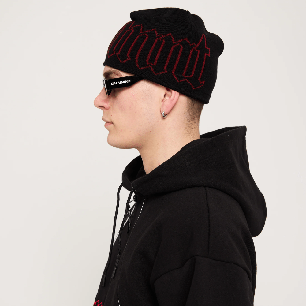 GVNMNT Clothing Co Old English Beanie l Black & Red - The Vines Supply Co