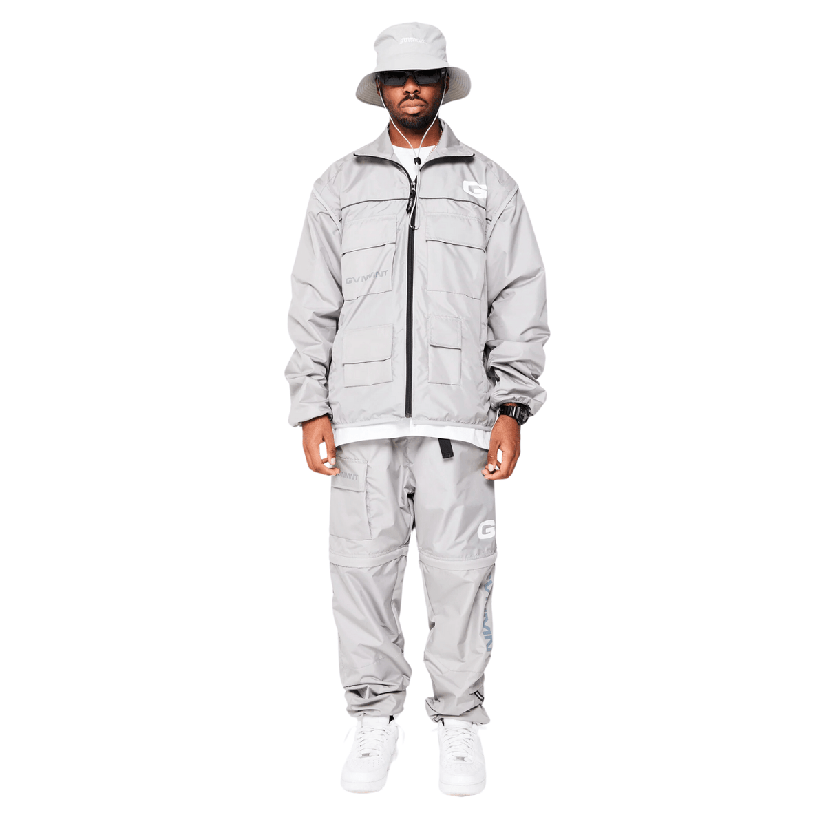 Grey GVNMNT Clothing Co Hardwear Upper 2-in-1 jacket featuring layered design and adjustable features for versatile wear.
