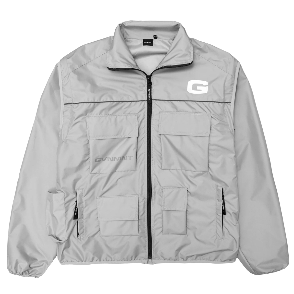 Grey GVNMNT Clothing Co Hardwear Upper 2-in-1 jacket featuring layered design and zip-up front, ideal for versatile outerwear.